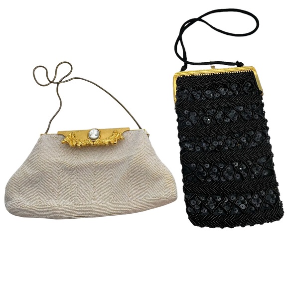Handbags - Lot of two Vintage Beaded Bags Cream with Cameo Black Beads Sequins 1960’s